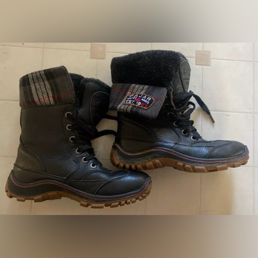 Pajar Alice Black Waterproof Snow Boot Leather Dual Tweed Faux Fur Cuff US 7-7.5